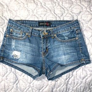 Dark denim cut off shorts, distressed size large Juniors